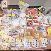 警方在案中檢獲大批證物，包括V煞面具及頭盔等。