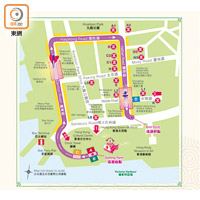 九部花車由香港文化中心廣場出發，途經廣東道、海防道和彌敦道。