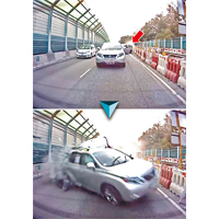 （上圖起）「車Cam」攝得七人車（紅箭嘴示）失控衝前一刻。<br>被撞私家車橫擺，嚴重損毀。（互聯網圖片）