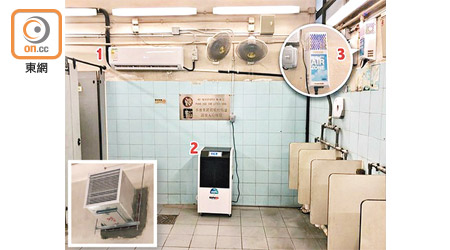 中環街市公廁工程：1.安裝空調系統；2.安裝工業用抽濕機；3.安裝離子空氣淨化器；亦加裝抽風機及排氣管道（小圖）。