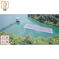 石壁水塘的浮動太陽能板發電系統則呈長方形。