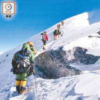 登山者沿繩攀上珠穆朗瑪峰。（受訪者提供）