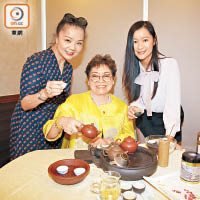 林華琴（中）、港澳台灣同鄉會副會長黃靖惠（右）及理事陳秀鈴（左）都好鍾意飲茶。（溫國佳攝）