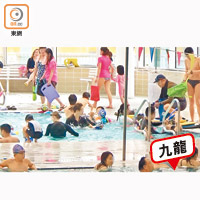 九龍公園游泳池的主池有逾百人，不少為私人教練，及扶着池邊、不諳泳術的學員。