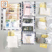 藍田<br>警方在平田邨檢獲毒品及現金等證物。