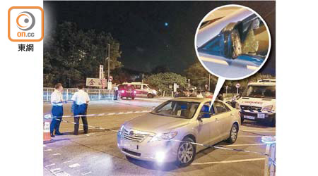 涉案私家車在山下村被尋獲，私家車倒後鏡（圓圖）及車窗玻璃毀爛。