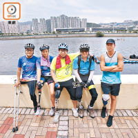 香港截肢者協會今年派出五名大將參加單車節。左起：溫聶銘、翟文鳳、黃振南、胡斯俊及鄺遠興。