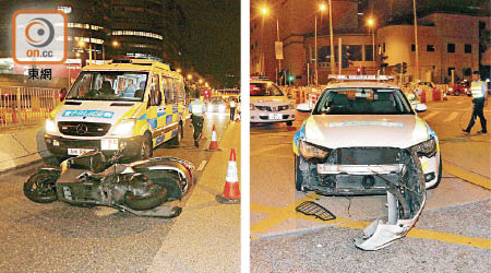 電單車遺在現場（左圖），警車車頭泵把鬆脫（右圖）。（吳建明攝）