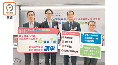 陳藝賢（左一）、糖尿聯會理事會理事馬青雲（左二）及胡裕初（右二）呼籲糖尿病人要關注心臟及腎臟健康。（鍾君容攝）