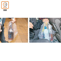 警方在案發酒店房間檢獲烈酒（左圖）、漂白水及消毒藥水（右圖）。
