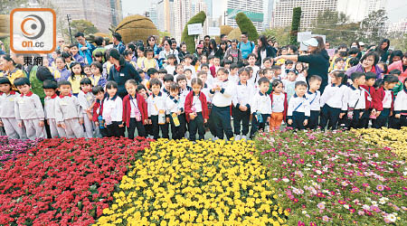 學生將三萬株花卉植物鑲嵌成大型花壇。（李志湧攝）