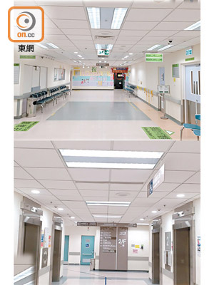 醫管局大規模更換更為高效能的LED照明（上圖及左圖），LED燈料比傳統光管節省兩成電量。