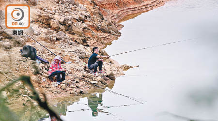 上城門水塘：兩名釣魚人士於水塘「休漁期」蹲坐岸邊，享受釣魚樂。