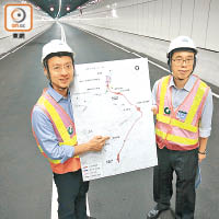 葉鴻平（左）指香園圍公路通車後，居民可經四個交匯處取道香園圍公路到達粉嶺公路，右為黎卓豪。