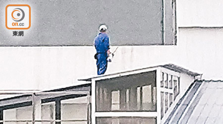 大埔工業邨 天台<br>在簷篷斜頂上加添油漆的工人，無任何安全裝備。（梁淑貞攝）