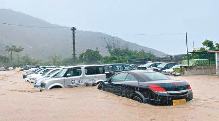 車場變澤國<br>大浪灣村停車場嚴重水浸。（互聯網圖片）