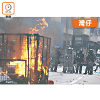 示威者焚燒雜物阻警方前進。