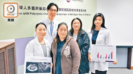 中大醫學院發現，患有PCOS華人女性出現二型糖尿病的風險，比正常人士高四倍。左起：張麗冰、馬青雲、黃女士、陳女士、吳逸晞。（林祐權攝）
