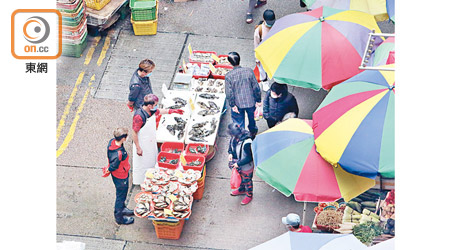 旺角奶路臣街露天街市<br>佔用奶路臣街與地士道街交界的魚檔，擺出多盆海產，吸引不少街坊議價。