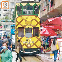 北角春秧街<br>春秧街三條行車線只剩電車路，繁忙時間，人車爭路，但未見食環署職員巡邏。