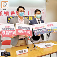 鄧家彪（左）建議政府整合或減少長期表現差的基金，以保障打工仔。（李浮南攝）