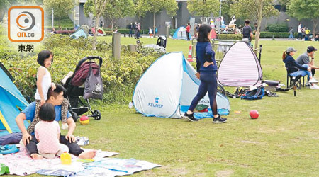 將軍澳單車館公園：禁聚令下仍有不少市民在公園的草地紮營。（朱先儒攝）