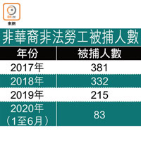 非華裔非法勞工被捕人數