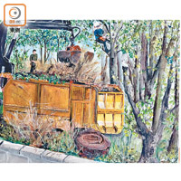 Agnes平時亦喜愛畫畫，圖中是她在颱風山竹後所畫的作品，以表達對枯木棄置堆填區的惋惜之情。