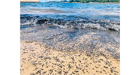 環保團體證實黑色塑膠粒來自愉景灣的運動場，經雨水渠流出二白灣。