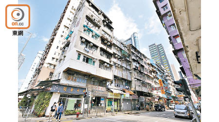 市區重建局開展旺角山東街及地士道街重建項目，圖中為山東街一至廿七號。（李志湧攝）