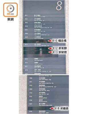 楊岳橋、郭家麒、郭榮鏗及梁繼昌的辦事處名牌被秘書處用膠紙遮蓋（上及下圖）。（陳亦瀅攝）