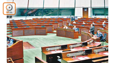 立法會大會昨早續會，一眾泛民議員的座位全部懸空。（袁志豪攝）