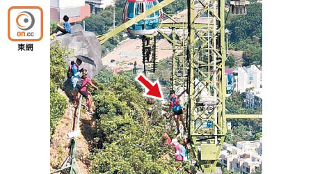 網上流傳有人疑為求「打卡」，攀爬接駁纜車的纜塔（箭嘴示）。
