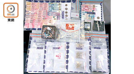警方檢獲的毒品及現金等證物。