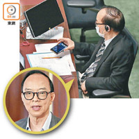 馬逢國打橫電話疑似睇戰艦新聞。（羅錦鴻攝）