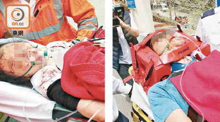 左圖：女事主昏迷，情況危殆﹔右圖：男傷者頸部淌血送院。（張世洋攝）