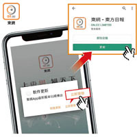 用戶按下彈出式視窗的「立即更新」鍵後，即可進入「Play 商店」或「App Store」，更新東網APP便能體驗革新版面。