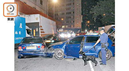 新蒲崗：警方召來警犬協助搜車。（楊日權攝）