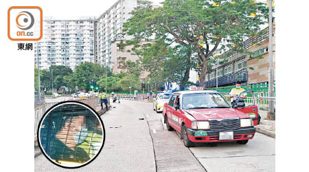 肇事的士車頭冚凹陷，司機（圓圖）被帶署調查。（楊日權攝）