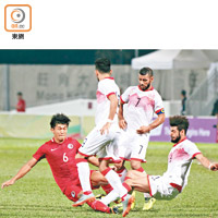香港0:2巴林<br>陳俊樂（紅衫）同巴林球員炒埋一碟。