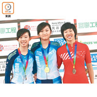 左起：趙蕙芸、李思穎及吳思穎在青年10公里記分賽包辦三甲。